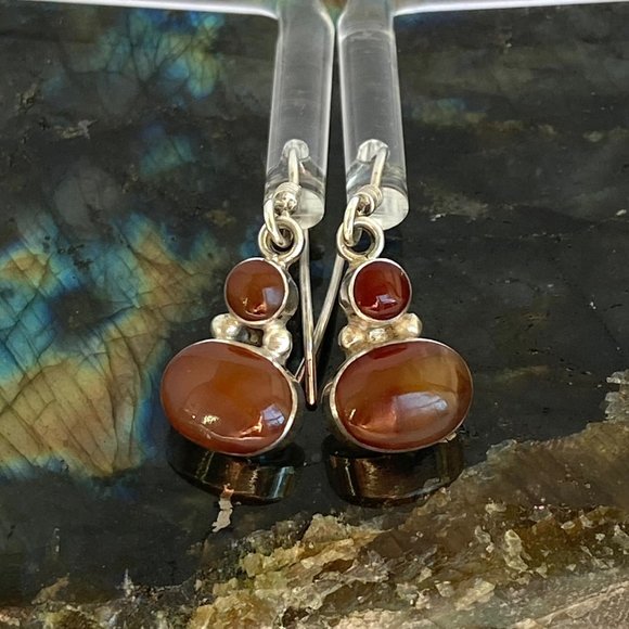 Sterling Silver 950 1.26" Oval Bezel Set Carnelian Gemstone Dangle Earrings 3.5g - Picture 11 of 16